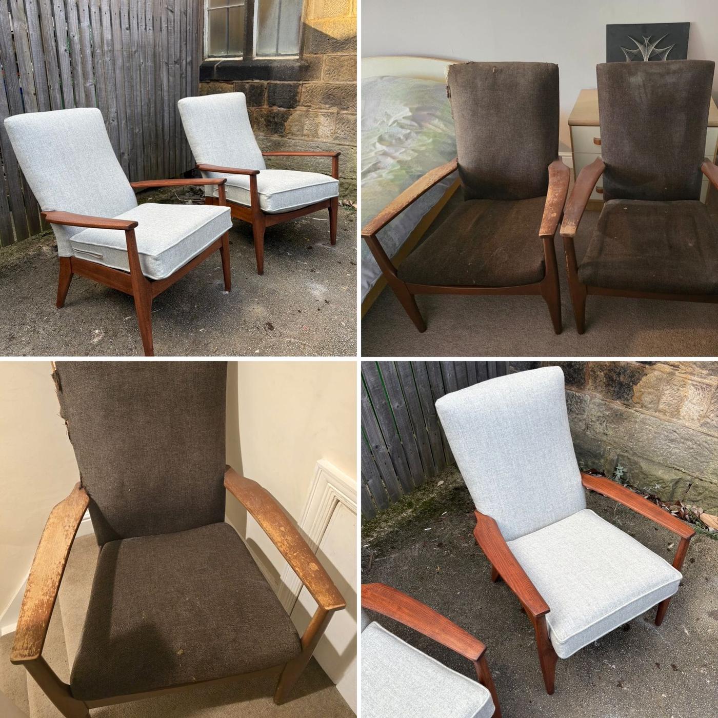 Collage of a pair of wooden-armed armchairs before, in worn brown, and after, in pale grey