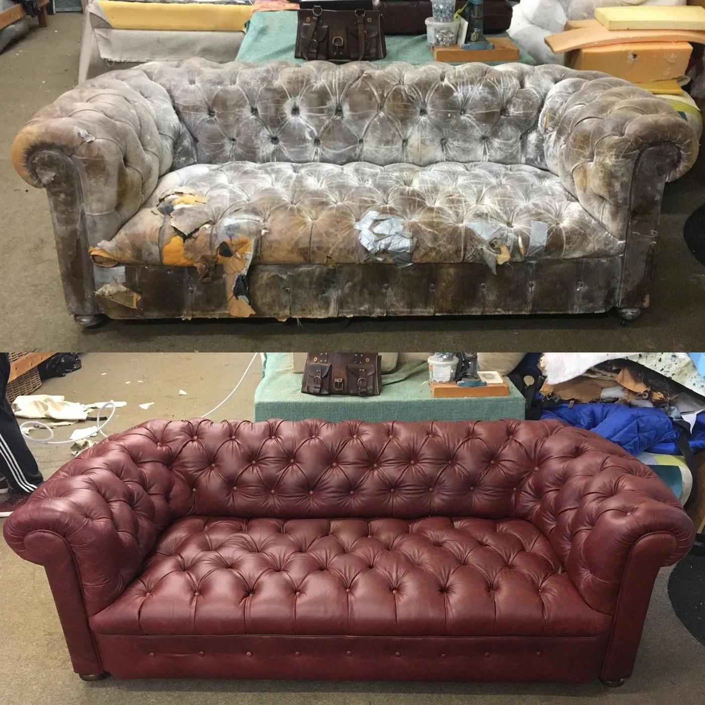 A worn chesterfield sofa above the same sofa re-covered in deep red