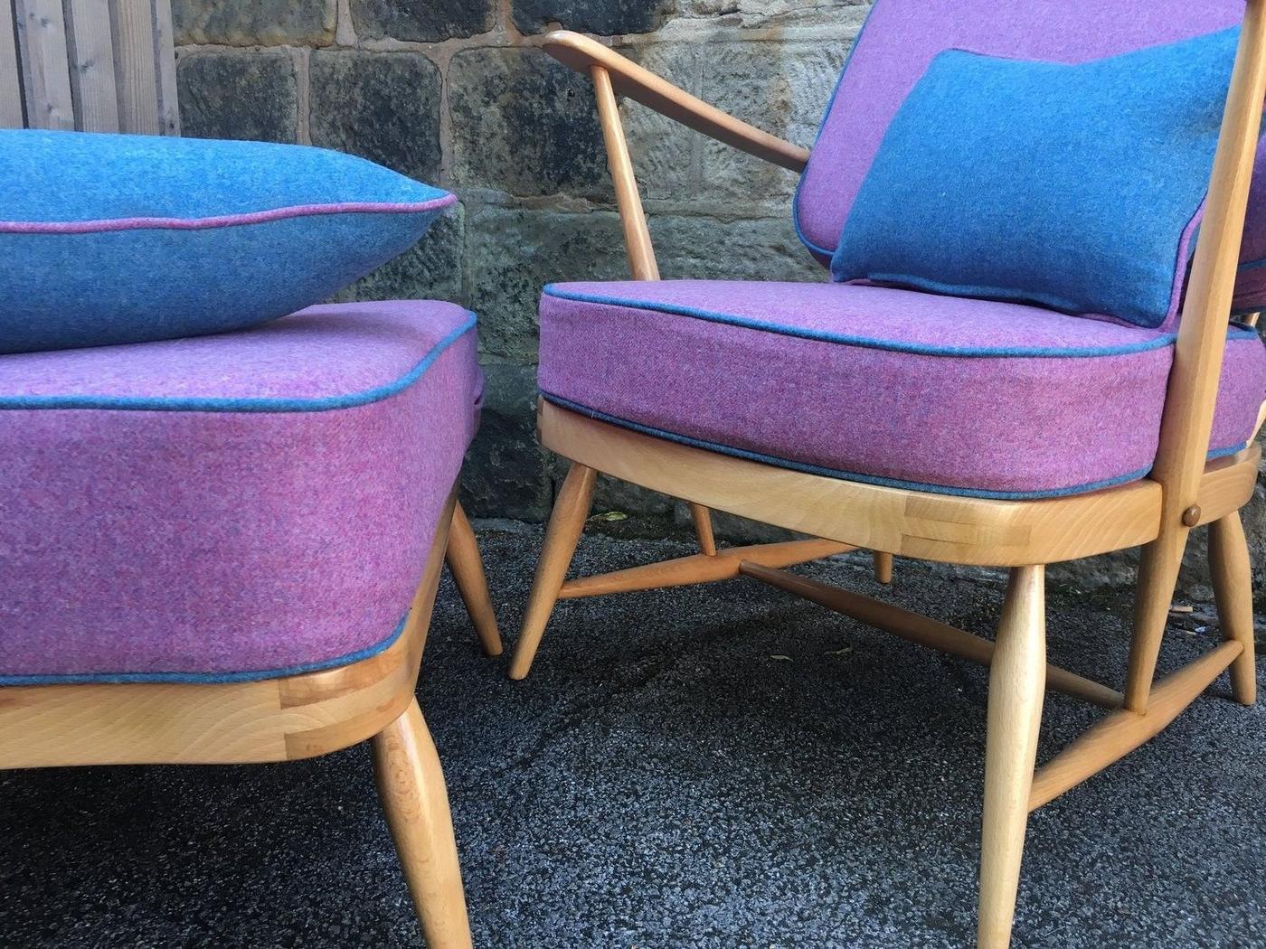 Ercol chairs re-covered in purple wool with turquoise cushions