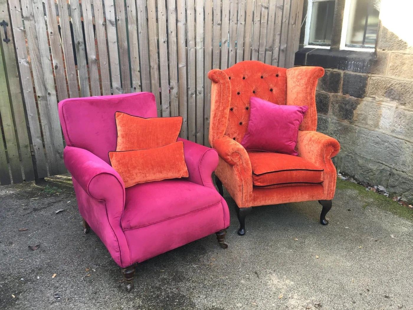 Pink and orange velvet wing chairs