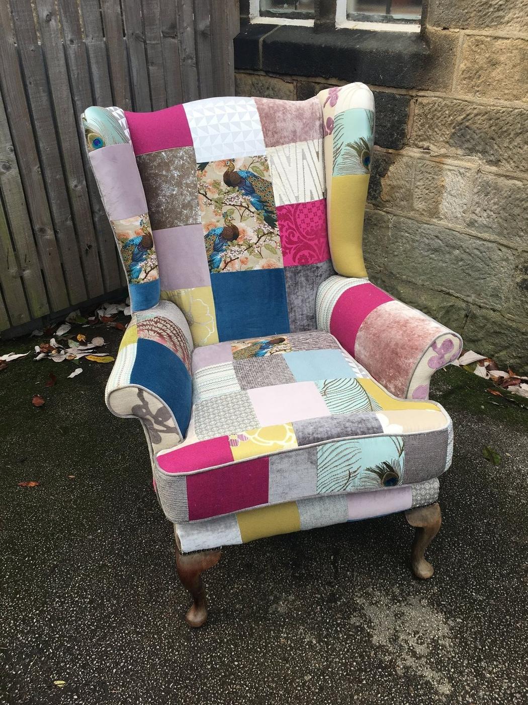 Wing chair in a patchwork of fabrics