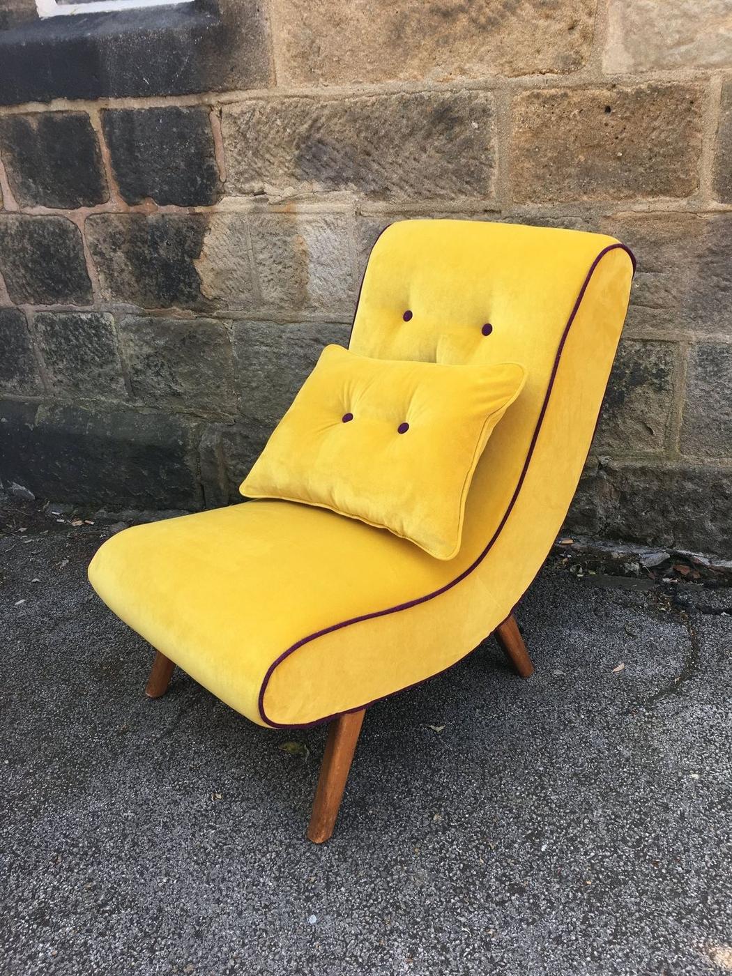 Yellow velvet scoop chair with matching cushion